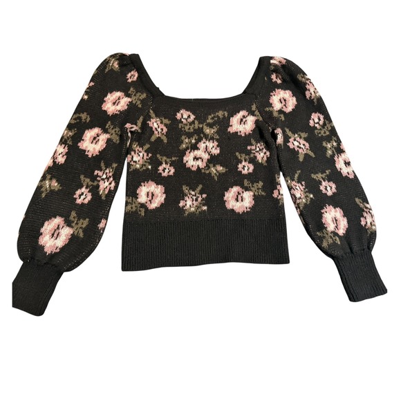 Anthropologie Floral Puff Sleeve Sweater Black Pink Square Neck XS - Picture 3 of 6
